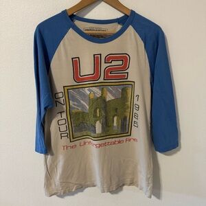 U2 1985 The Unforgettable Fire Tour Raglan Band Tee Blue Reprint Live Nation-M